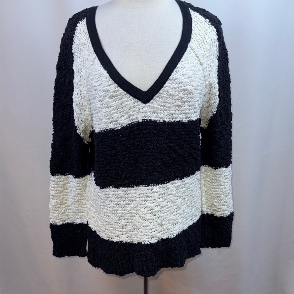 Free People Black and White Striped V-Neck Sweater, Medium